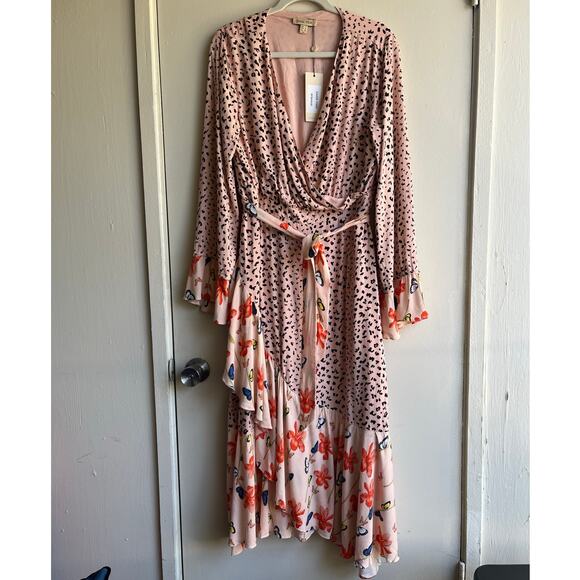 Dark Pink Butterfly Ruffle Pink Black Cheetah Floral Pink Midi Dress 12 NWT $103 - Picture 15 of 16